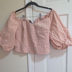 Express Pink Smocked Puff Sleeve Crop Blouse